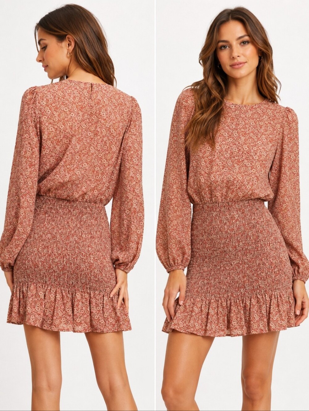 Red Ditsy Floral Smocked Cottagecore Puffed Sleeve Mini Dress Ruffle Hem Sz M